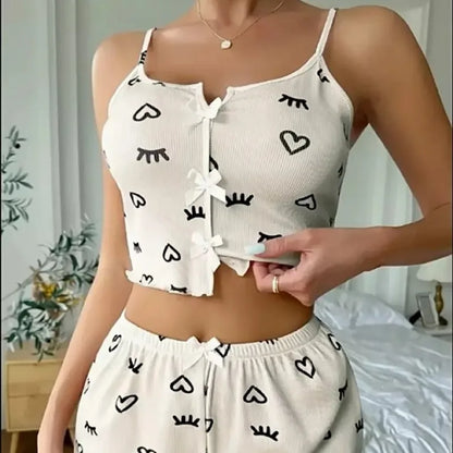 Damen Sexy Pyjamas Herz Wimpern Bedrucktes Pyjama Set V-Ausschnitt Camisole Top Shorts Loungewear.