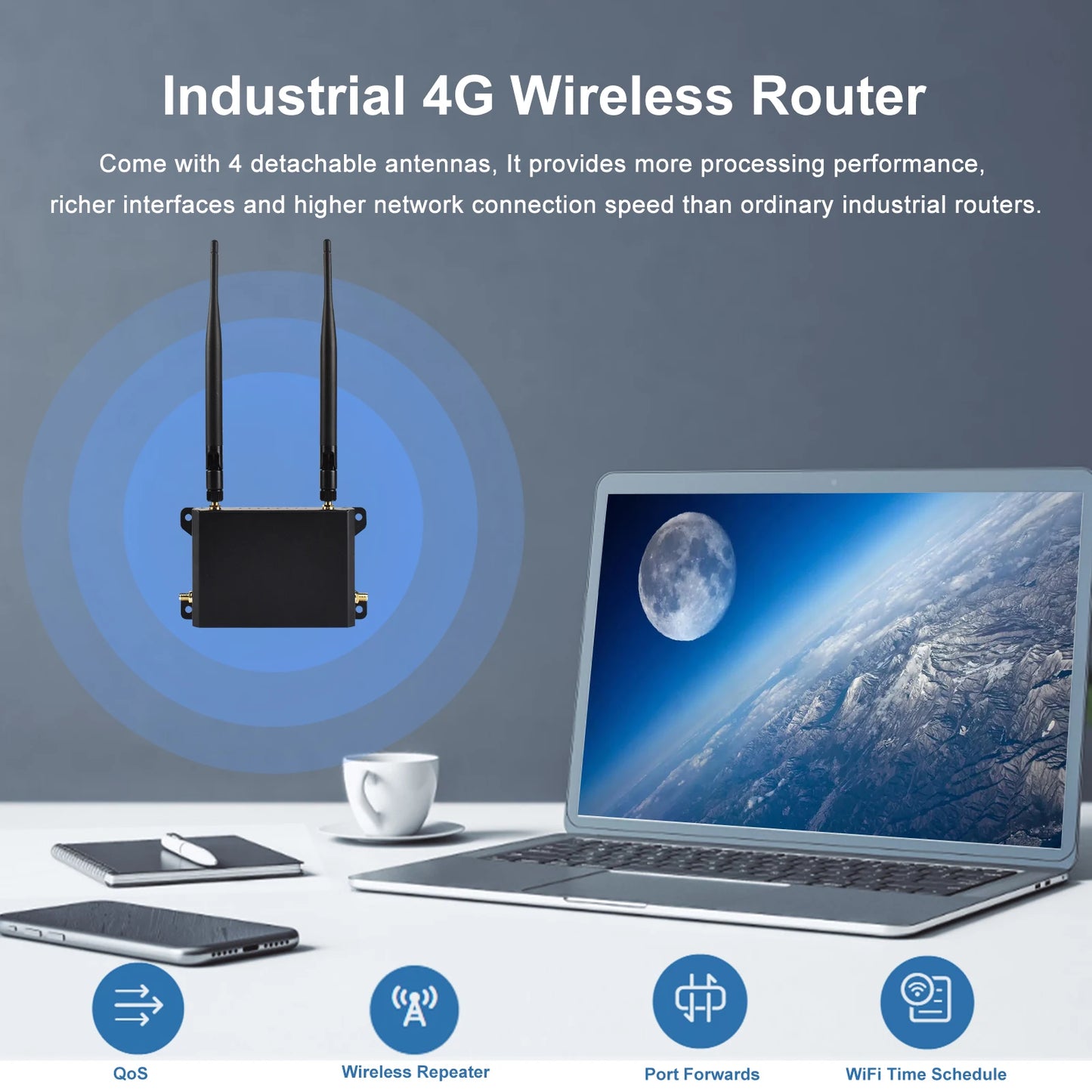 KuWFi 4G LTE WiFi Router 2.4G CAT4 300Mbps RJ45 Port Support VPN DDNS Firewall Function Wall-Mounted External 4pcs Antennas.