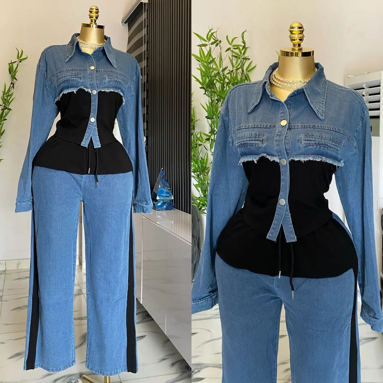 Two Piece Sets Women Pant Set Denim Splice Matching Sets Spring Top Wide Leg Long Pants Casual Loose Lace Up High Waist Jogger.