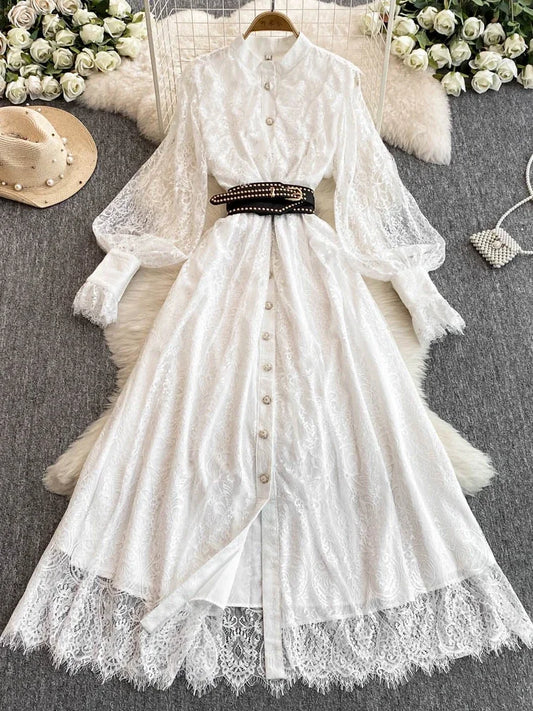 Neue Frühling Herbst Spitze Kleid für Frauen Weiß Schwarz Elegante Taille Langarm Stil Geburtstag Party Kleid Weibliche C186.