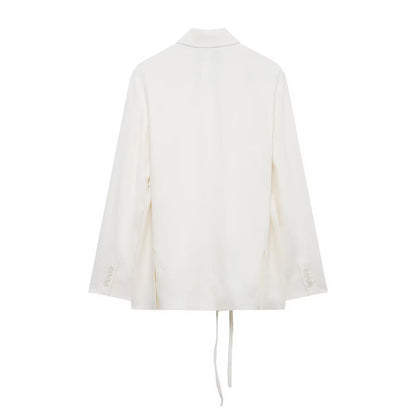 HH Women's Suits White Turn-Down Collar Long Sleeves Lace-Up Blazers+High Waist Zipper Long Pants Female Spring Fashion Sets.