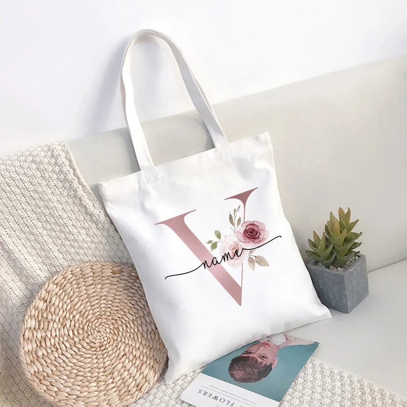 Custom Name White Canvas Tote Bag Large Capacity Foldable Supermarket Shopping Bag for Women Shopper Personalized Handbags
