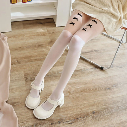 Handmade Velvet Stockings Swan Velvet Patchwork Fake Thigh Pantyhose Multiple Butterfly Knots White Silk Leggings.