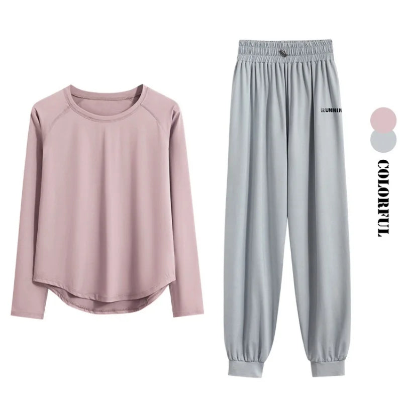 DRUR 2pcs Running Set Women Tracksuit Lightweight Loose Long Sleeve Sport Shirt Pants Sets 2 Piece Sportswear Outfit Gym Clothes