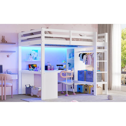 Modernes Kinder-Hochbett 140 x 200 mit Multifunktionsregalen, Unterbett-Schreibtisch, LED-Licht und USB, Kleiderschrank mit Stauraum, für Schlafzimmer