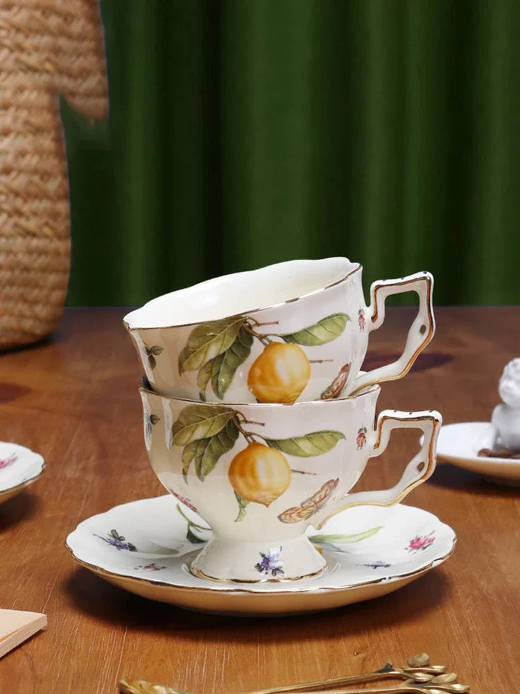 European Style Ceramic Mug Coffee Cup and Saucers Set Lemon Pattern Retro Afternoon tea cup Dessert Plate Teapot Home kettle.