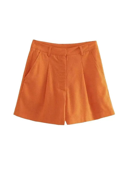 Women Fashion With Pockets Front Pleats Linen Blend Shorts Vintage High Waist Zipper Fly Female Short Pants Mujer.