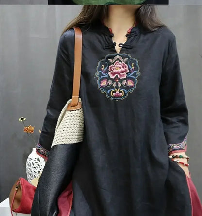 Damen-Bluse im Vintage-Stil aus Baumwolle und Leinen, mittellang, siebte Ärmel, Stickerei, ethnischer Rock mit lockerer Passform, chinesischer Stil.