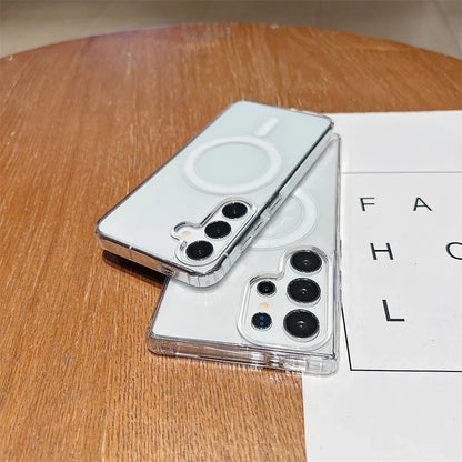 Magsafe Magnetic Charge Phone Case For Samsung Galaxy S25 S24 S23 Ultra S22 Plus S21 FE A16 A15 A35 A55 Clear Acrylic Slim Cover.