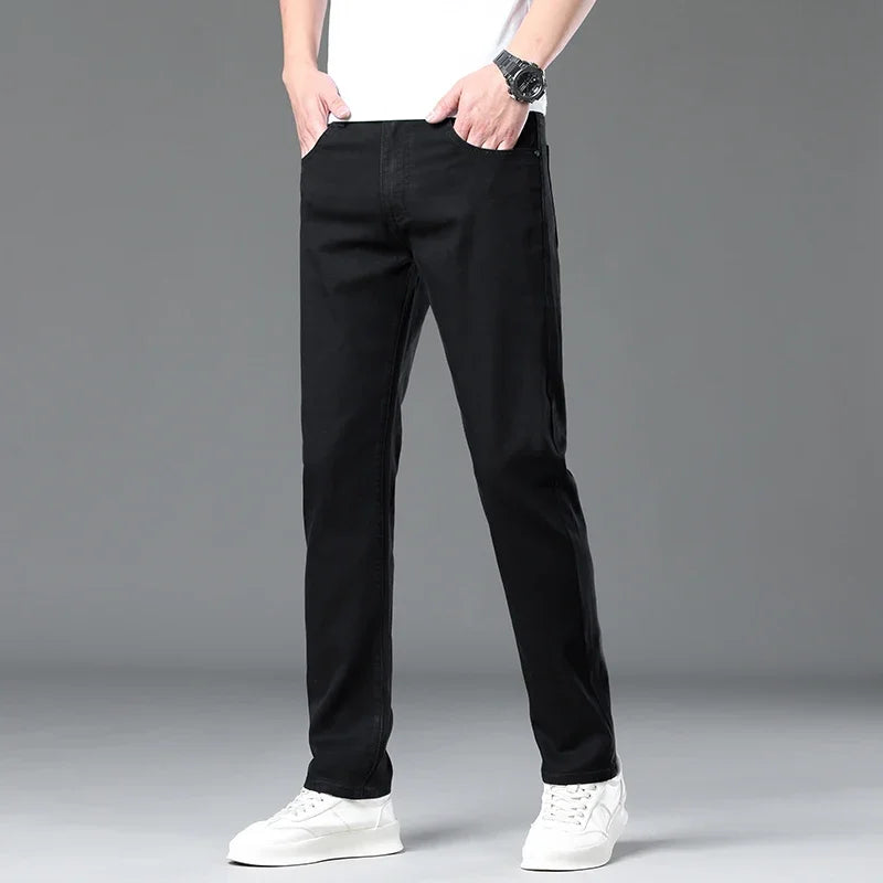 Summer Lyocell Ultra-thin Jeans Men Straight Stretch Breathable Denim Pants Fashion Business Casual Male Trousers Black Gray.