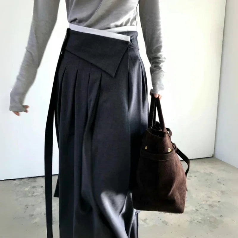 Elegant Pleated Midi Skirt Women Fashion Patchwork Asymmetrical Skirts Summer Office Ladies Korean Casual Design A Line Faldas.