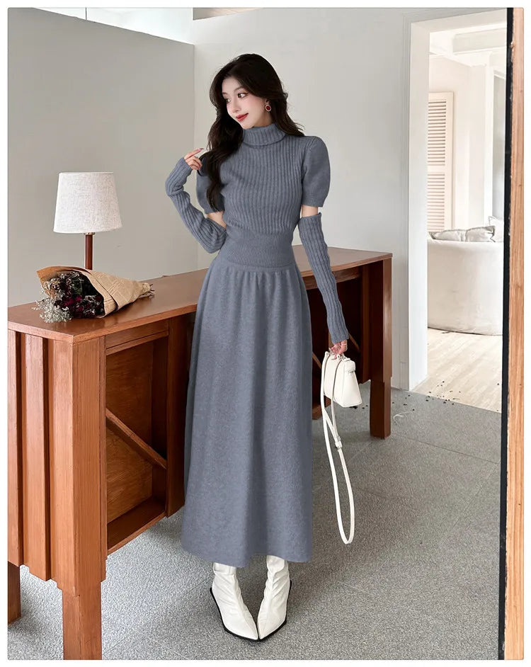 VigoAnne Spring Autumn 2025 Turtleneck Knit Woman 2 Piece Set Casual Solid High Waist Skirts Suits Korean Lady Long Dress Suit
