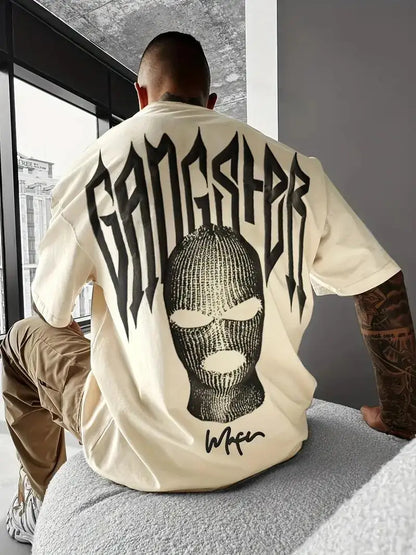 24/25 High-quality American High Street Masked Person Printed T-shirt for Men Oversized Loose Harajuku Short Sleeved Tops.