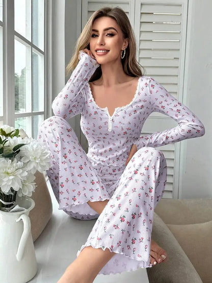 Herbst Winter Pyjama Set Frauen Nachtwäsche Blumen Druck Salat Trim Top mit Lange Hose Schöne Loungewear Volle Hülse Nachtwäsche.
