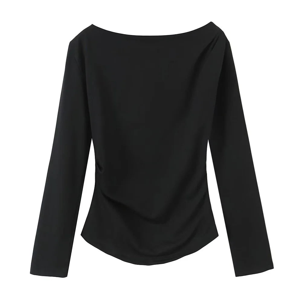 Women's Tri Color Side Folded Decorative T-shirt Round Neck Long Sleeve Spring/Summer New Casual Women's Clothing.