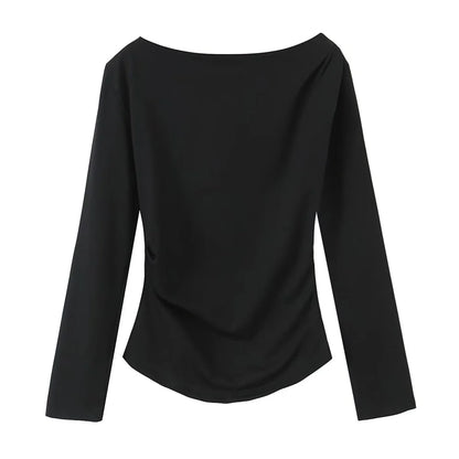 Women's Tri Color Side Folded Decorative T-shirt Round Neck Long Sleeve Spring/Summer New Casual Women's Clothing.
