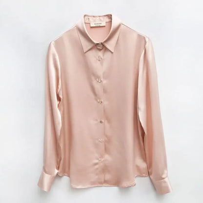 Women's French Style High Quality 40 MM Heavy Office Lady Solid Satin Silk Long Sleeve Shirt Ladies' Blouse.