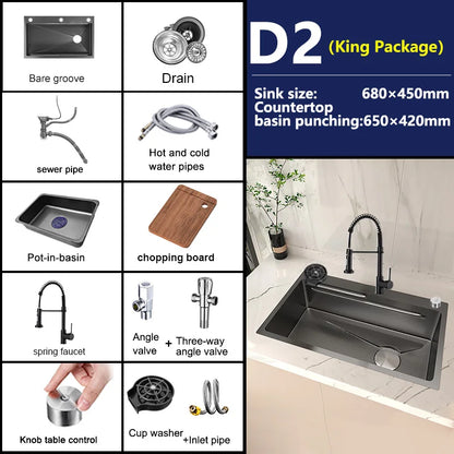 Stainless Steel Kitchen Sink Embossed Large Single-Slot With Kitchen Faucet Multifunctional Washbasin for Apartment