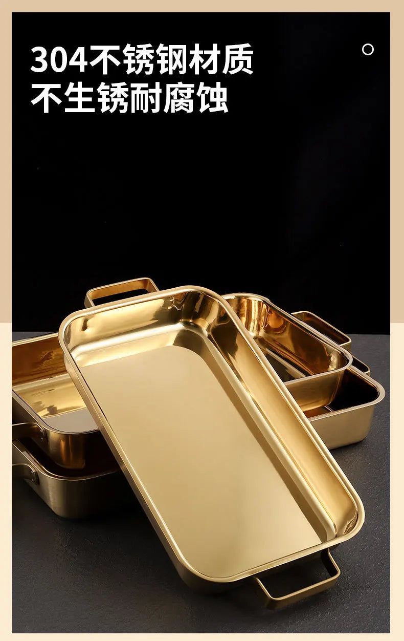 grilled fish plate household induction cooker rectangular Korean multi-functional barbecue plate golden commercial tray.