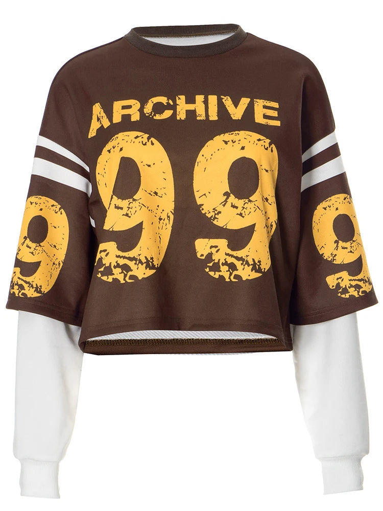 Weird Puss Fake Two Piece Pullover Women Trend Contrast Number Print Patchwork Long Sleeve Autumn Casual Simple Streetwear Tops.