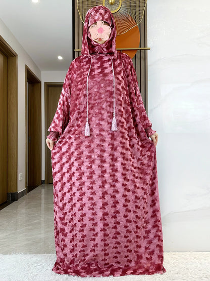 High Quality Velvet Fabric 2025 Ramadan Muslim Lady's Abaya Two-Hats Dubai Turkey Style Islamic Prayer Clothing Kaftan Dress