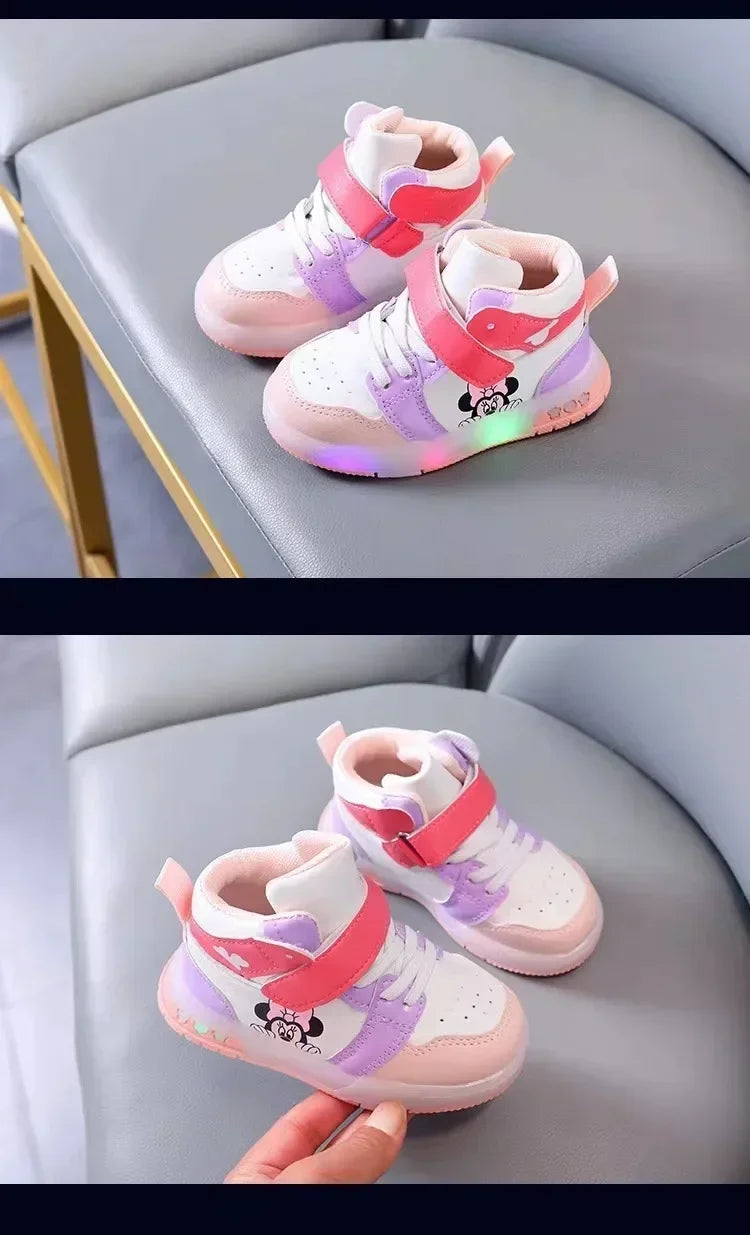 2025 Disney Kids Sneaker Cute Minnie Mickey Cartoon Led Lighted Shoes for Boys Girls Luminous Shoes Toddler Flash Lights.