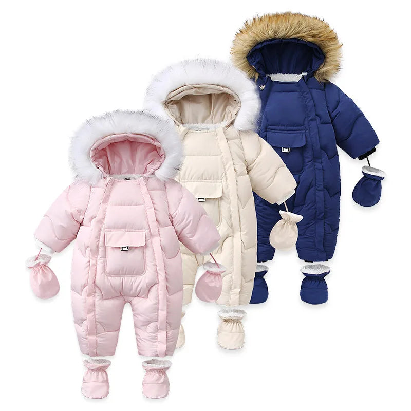 AYNIGIELL 2024 Winter Neugeborenen Verdickung Overall Integrierte Wolle Mit Kapuze Unten Strampler Baby Jungen und Mädchen Warme Schneefeste Overalls.
