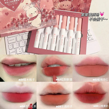6 PCS Kawaii Lipsticks Set Free Shipping Korean Make Up Beauty Cosmetics Matte Lip Mud Waterproof Long lasting Makeup for women.