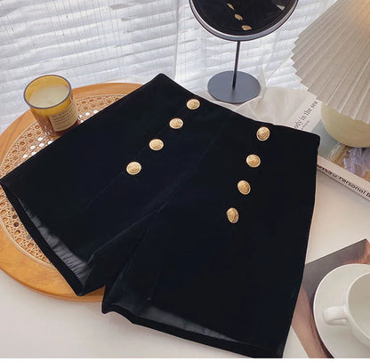 Autumn Winter High Waist Velvet Wide Leg Shorts Women Chic Double Breasted Short Pants Fashion Sexy Bottoms Casual Ropa Mujer.