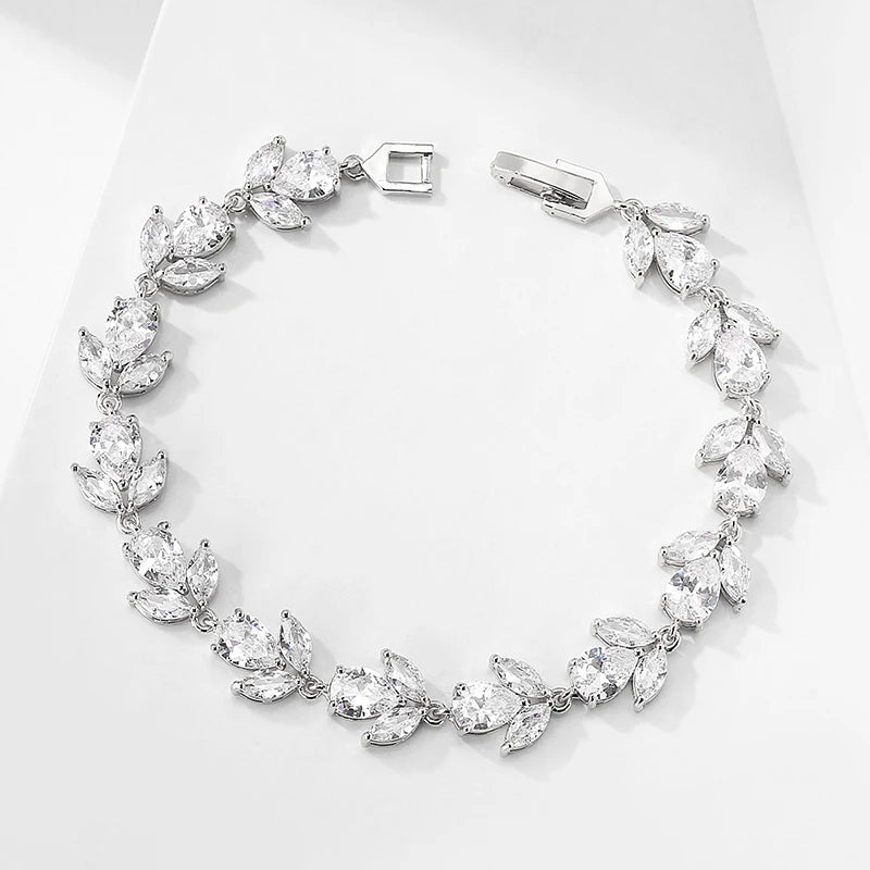ZAKOL Luxury AAA Cubic Zirconia Wedding Bracelets for Women High Quality White Gold Color Leaf Charm Bracelet Bangles