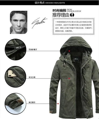 Parkas Coat Military Windproof Hooded Jackets Man Washed Cotton Thick Fleece Casual New  Winter Warm Varsity Jacket Men.