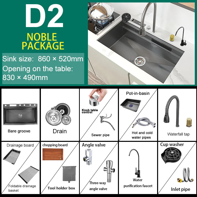 Stainless Steel New Kitchen Sink Household Piano Keys Multifunctional Waterfall Large Single Slot Dish and Vegetable Wash Basin