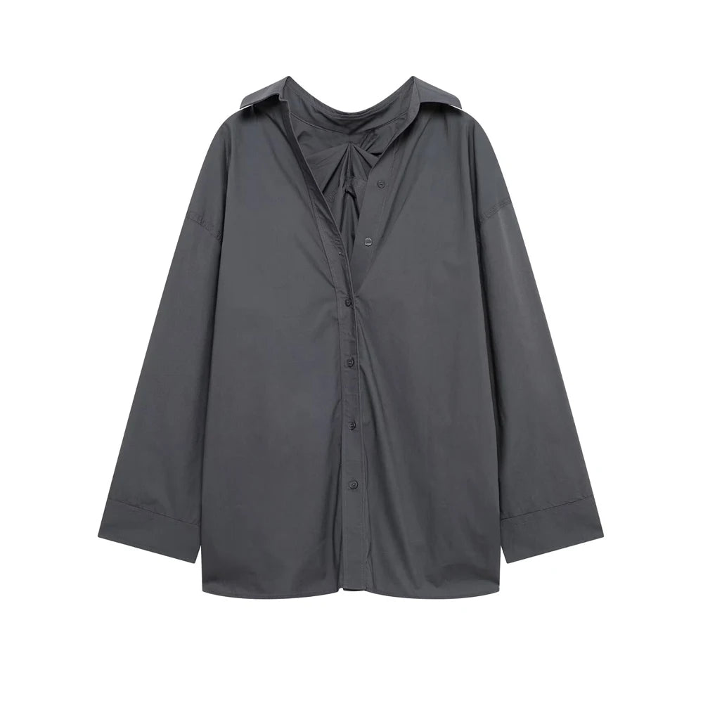 Oversized Pleated Back Shirts for Women, Long Sleeve, Button-up, Female Blouses, Chic Tops, Fashion.