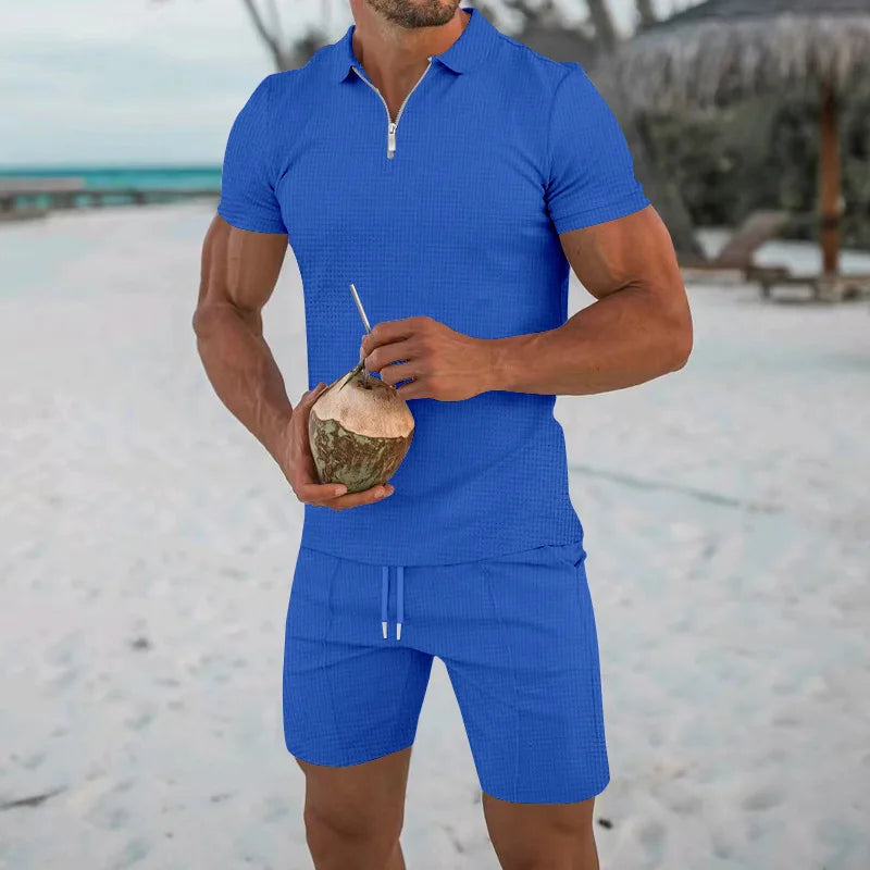 Men's Comfortable Short-Sleeved Waffle Polo Shirt And Shorts Set - Breathable Lightweight Spring/Summer Clothing.