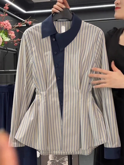 Temperament waist cinching slimming blue striped shirt spring 2025 new fat MM fashion contrasting long sleeved shirt.