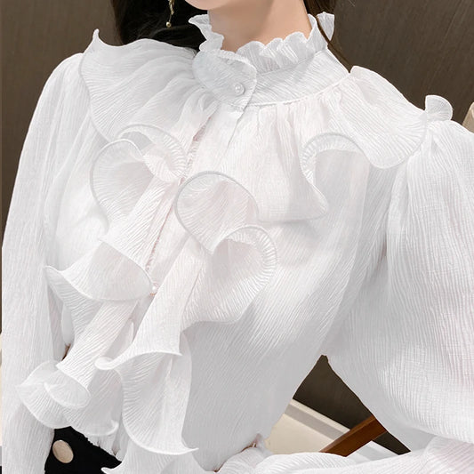 Autumn Vintage Ruffles Clothes Lace Blouse Women Spring Stand Collar White Chiffon Shirt Long Puff Sleeve Loose Tops Elegant.