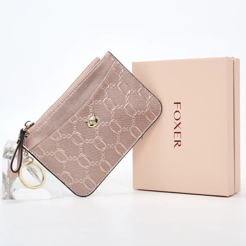 FOXER Split Leather Women's Card Holder Wallet Fashion Anti-theft Thin Wallet Mini Clutch Bag Ladies Short Coin Wallet Purse
