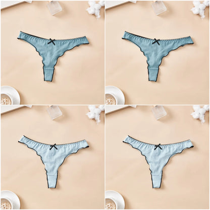 4pcs women's cotton solid color thong sexy comfortable women's underwear daily breathable T-back knitted bow cute girl low-waist