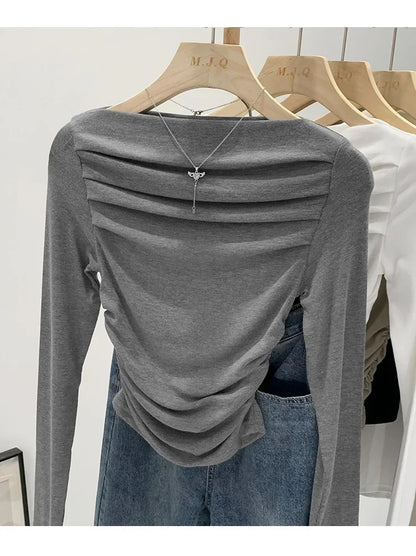 Spicy Girl Style One-Collar Ruffles Cropped Long Sleeve T-Shirt Women's Autumn/Winter New Arrival Base Layer Sweatshirt
