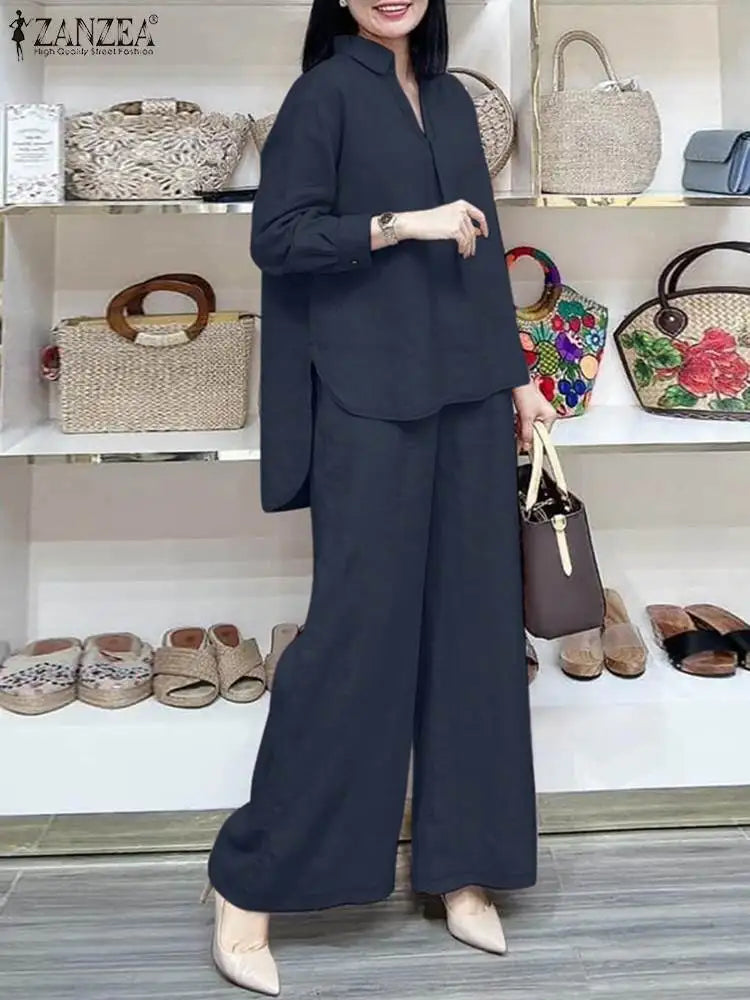 ZANZEA Fashion Women Casual Trousers Suits 2PCS Autumn Long Sleeve Blouse Solid Wide Leg Pants Sets Loose Work Tracksuit Outifit