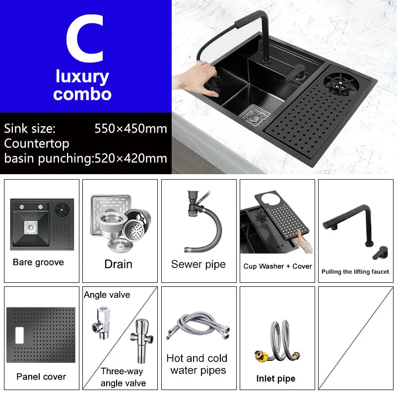 Versteckte Tassenwaschmaschine, Küchenspüle aus Edelstahl, kleiner Einzeltank mit Deckel, multifunktionales Bar- und Balkonwaschbecken