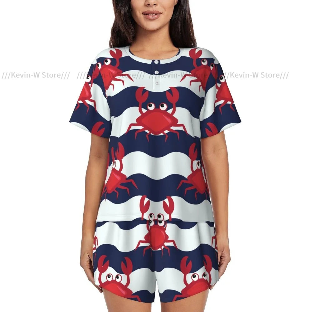 Damen-Pyjama-Set, nautische Krabben, niedliche Krabben und gestreifter Hintergrund, Sommer-Kurzarm-Anzug für Damen, Homewear.