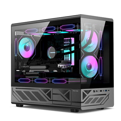 Power Train N5 MATX desktop room with a column-free sea view features a glass side computer case supports 360 water cooling.