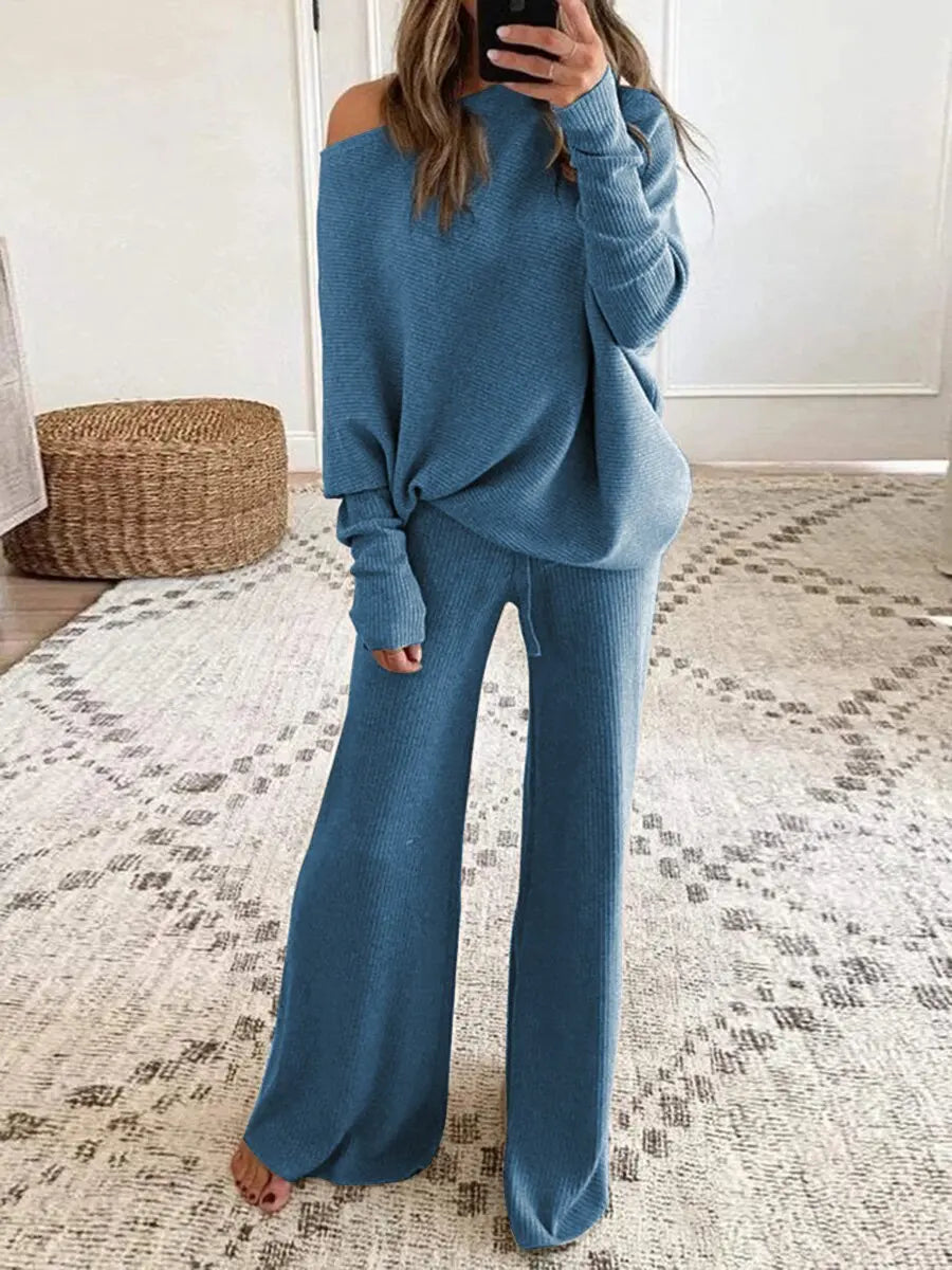 New Women's 2pcs Clothes Set Solid Color Round Neck Long Sleeve Casual Top & Loose Wide Leg Pants Home Wear.