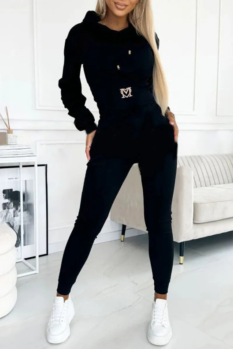 Casual Solid Color Hooded Slim Long-sleeved Top And Wide-sleeved Pants Suit Women 2025 Spring Top Lace-up Pants Suit For Women.