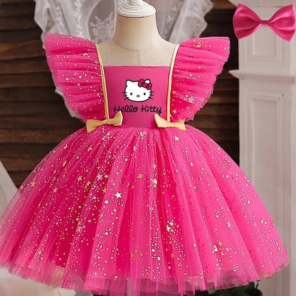 Hello Kitty Prinzessinnenkleid für Mädchen, Pailletten, Stern, Rüschen, Schleife, Tutu-Kleid, Baby, formelles Gala-Abschlussballkleid, Kinder-Abendparty-Kostüm