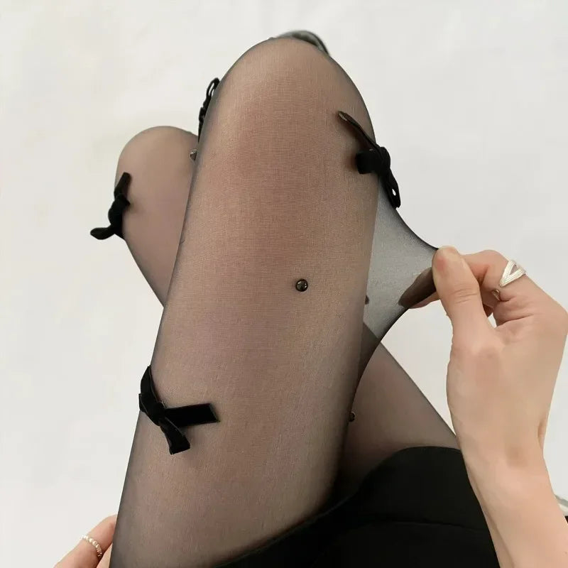 Y2K Velvet Bow Embroidery Pearl Tights Pantyhose Fashionable Simple Female Stockings JK Styles Cute Sweet Girls Chic Stocking.