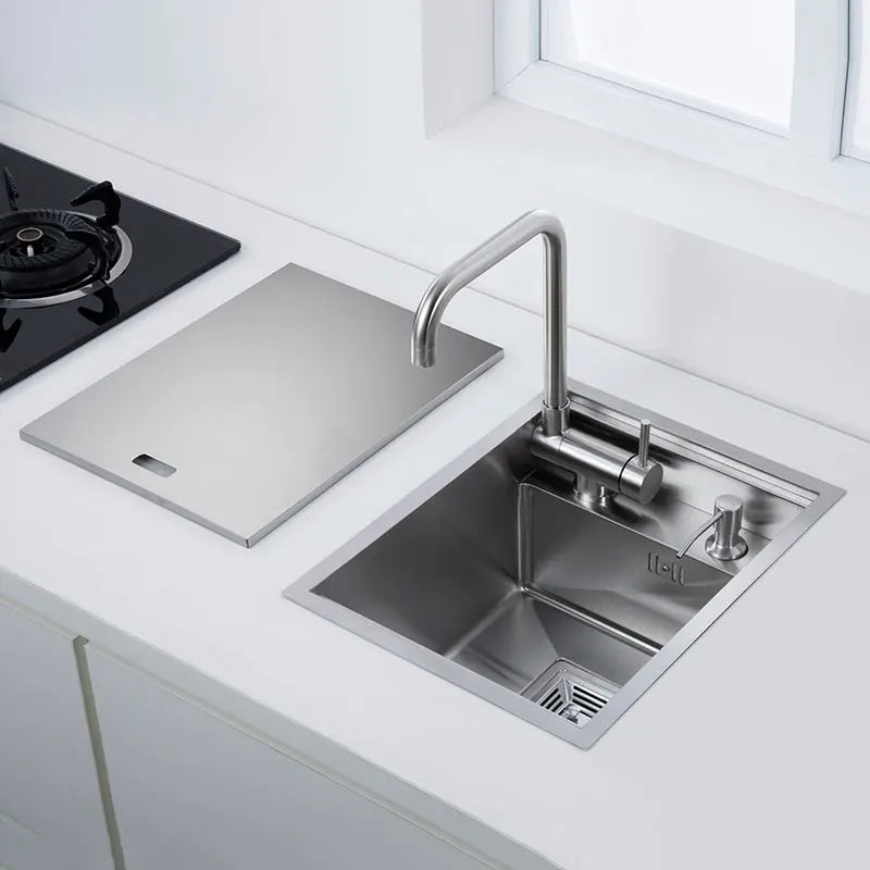 Küchenspüle aus Edelstahl 304, für Inselbar, gebürstete Oberfläche mit faltbarem Wasserhahn, Deckelabdeckung, Seifenspender, Gemüsebeckenwaschbecken