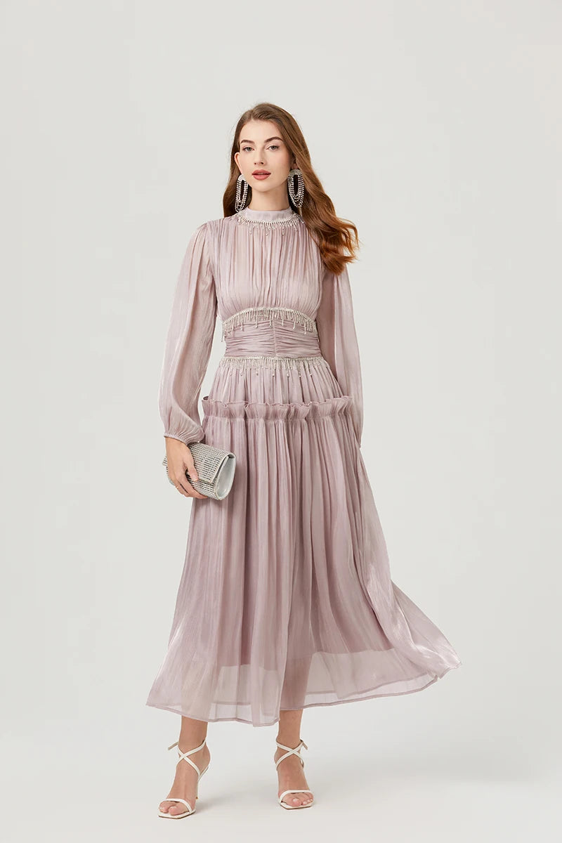 Französisch Luxus Kristall Perlen Quaste Glanz Roben Urlaub Frauen stehen Laterne Ärmel Rüschen plissiert formale Gelegenheit Ballkleid 622.