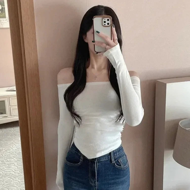 Korean Dongdaemun Fashionable Women's Clothing Off-the-shoulder Sexy Slimming Long Sleeve T-shirt Cropped Top Smooth Silhouette.